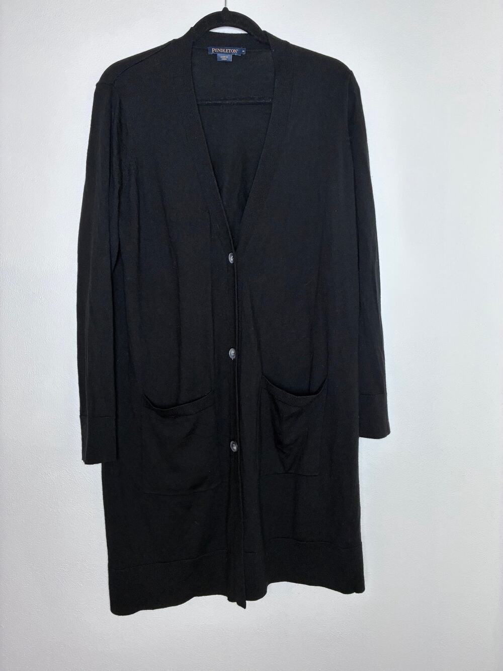 Pendleton Black Wool Blend Duster Cardigan Sweater Womens Medium Long Pocket